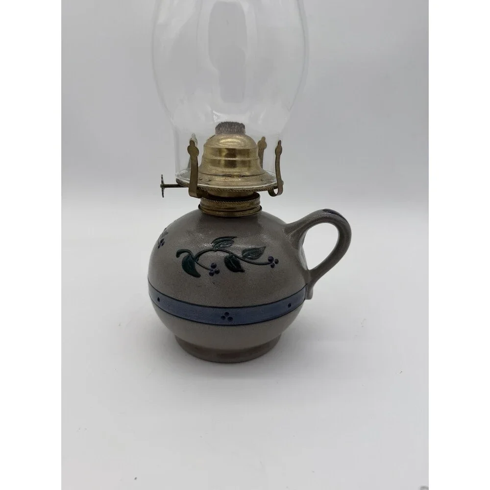 Rare Rowe Pottery Works Salt Glazed USA Oil Lamp Floral Pattern Painted 15”